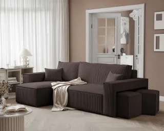 Ecksofa Schlafsofa Sofa ADARA inkl. Hocker Stoff Poso Dunkelbraun Ottomane Links