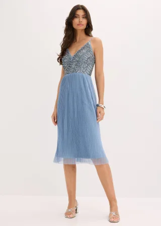 bonprix Midikleid mit Plissee-Rock und Paillettenstickerei, blau, Gr.48, Moder und feminin: Abendkleid mit Faltenrock und gemusterter Paillettenstickerei im Oberteil