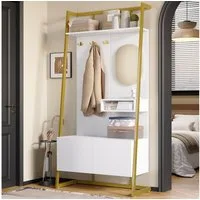 Merax Kompaktgarderobe mit Spiegel, Garderoben-Set aus Holz & Metall (1-St) Flurschrank mit Metallhaken, Schuhschrank & Sitzbank, 78×180,5×38,5 cm