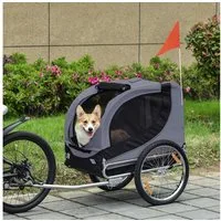 PawHut Fahrradhundeanhänger mit Universalkupplung, Hundeanhänger, Fahrrad, klappbar Fahne, für Garten, Balkon, Grau+Schwarz
