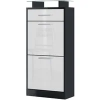 Vladon Schuhschrank Loret V2 (Schuhkipper für 8 Paar Schuhe, mit 2 Klappen, 1 Schublade und Glasablage) Schwarz matt/Weiß Hochglanz (46 x 104 x 23 cm)
