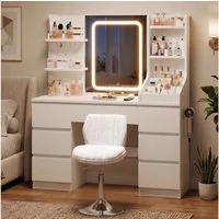 HOMALL Schminktisch Spiegel mit LED-Beleuchtung, 7 Schubladen (Maße: 110 × 40 × 139 cm, drei einstellbare Farbtemperaturen, mit 8 offenen Ablagefächern, 6 Schmuckhaken, 2 Steckdosen, 1 USB-Anschluss, 1 Typ-C-Anschluss und einer Haartrocknerhalterung)