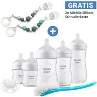 Philips AVENT Babyflasche Neugeborenen-Starter-Set Natural, 7 tlg. Set 5 Baby Flaschen, Schnuller, Flaschenbürste & Schnullerkette