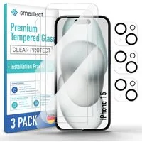 smartect Displayschutzglas Schutzglas Panzerfolie Klar für iPhone 15, Set, 3 Stück, (Display + Kamera) Schutzfolie inkl. Anbringhilfe