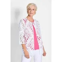 GOLDNER Jerseyblazer Kurzgröße: Weiße Jacke mit Blätterdessin Figurnahes Damenjäckchen, floral, 3/4-Arm, offen