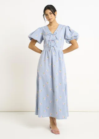 Blaues Baumwollmix-Krawattenkleid mit Puffärmeln