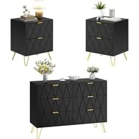 UEV Schlafzimmer-Set, 3er-Set Schlafzimmermöbel, Sparset Jugendzimmer-Set, (Kommode mit 6 Schubladen und 2er-Set Nachttisch, Modern Linienmuster, Skandinavisch Goldene Griffe und Füße), Schublade mit Soft-close, Sideboard mit Kisppschutz