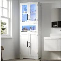 Flieks Hochschrank Badkommode Glasvitrine mit LED-Beleuchtung und Glastüren (Badezimmerschrank, 1-St., B60×T30×H170 cm) Bücherregal Mehrzweckschrank mit verstellbarer Einlegeböden Weiß
