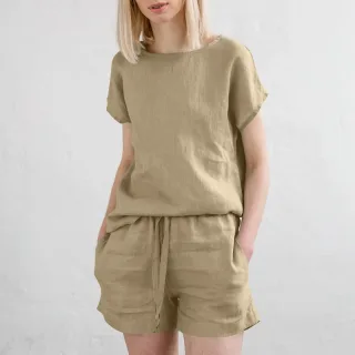 ZANZEA Plus Size Women Cotton Linen Two Set Solid Elastic Waist Pocket Short Sleeve Blouses and Short Casual Summer Two-