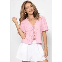 SASSYCLASSY Langarmbluse Musselin Bluse zum Binden Damen mit Lochstickerei Luftige Kurzarmbluse mit Bindebändern Lochmuster und V-Ausschnitt