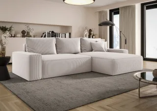 Ecksofa Schlafsofa Sofa WALKEN Stoff Poso Altweiß Ottomane Rechts