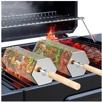 LuxusKollektion Grillbesteck-Set Grillkorb Edelstahl 304 Holzgriff Rollender Gasgrill 2 Sechseckig