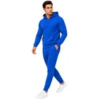 L.gonline Freizeitanzug Herren Jogginganzug einfarbig 100% BW 586 Blau S (Kapuzenjacke mit Reißverschluss, Hose, 2-tlg), Fitness Freizeit Casual
