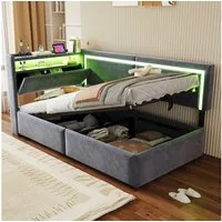 Merax Daybett 90x200cm mit LED-Beleuchtung und USB-Ladeanschluss (Tagesbett Jugendbett Einzelbett Sofabett aus Samtstoff, 1 tlg), Polsterbett Schlafsofa mit hydraulischem Stauraum, Kopfteil mit Ablage