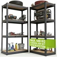 Juskys Schwerlastregal Easy, Set, 2er Set, 640 kg Traglast, 8 Böden, individueller Aufbau