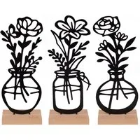 UNUS HOME Dekofigur Deko-Aufsteller 3er Set „Vase mit Blumen“ (3er Set, schwarz), Deko für Fensterbank, Tischdeko, Geschenkidee, Mitbringsel