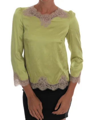 Limonengrüne Seidenbluse mit Spitzenbesatz