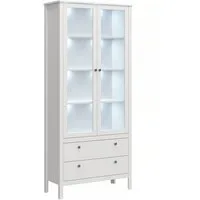 KONSIMO® Glasvitrine FARGE Vitrinenschränke Standvitrine mit Glastüren, ABS-Kanten, hohe Beine, zwei geräumige Schubladen