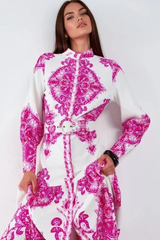 Maxikleid mit Paisley-Print, Gürtel und Hemdkragen