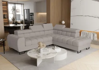 Ecksofa Schlafsofa BASTIEN MAX in Stoff Primo Graubeige Ottomane Rechts
