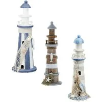 Meinposten Dekoobjekt Leuchtturm Holz blau weiß Deko m. Muscheln & Netz Dekoration Maritim (1 St)