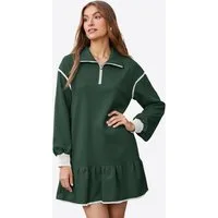 Imily Bela Minikleid Damen Langarm Casual mit Halb-Reißverschluss Kontrastnähten (Packung, 1-tlg., 1per-Pack) mit Ballonärmel Rüschensaum
