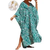 MOPUEA Strandkleid Damen Kaftan-Kleid Boho Maxikleid, Übergröße Kaftane Bademode Coverups (Kimono Sommer-Badeanzug, Maxi-Strandkleid, 1-tlg., locker fließend und lang ideal für Urlaub und Freizeit) Strandkleid inkl. 1 Paar Seestern-Ohrringe