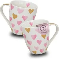 matches21 HOME & HOBBY Tasse XXL Kaffeetassen 2er Set aus Porzellan mit gold-rosa Herzen, 1-tlg., Porzellan, Jumbo Teetassen 400 ml