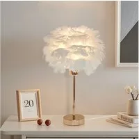 JDONG Tischleuchte Weiße kunstliche Feder, Deko Lampe Wohnzimmer 30/35cm, E27, 3000K Warmweiß, Nachttischlampe mit goldenem Sockel, Feder-Tischleuchte