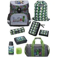 Familando Schulranzen Minecraft 1.-4. Klasse ergonomisch, geräumig, Volumen 18 Liter (Set, 9-tlg., inkl. Lunch-Set und Sporttasche), MINECRAFT Motiv grau