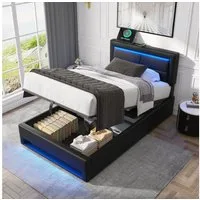 Flieks Polsterbett, LED Einzelbett 90x200cm mit USB-Anschluss und hydraulischem Stauraum