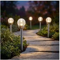 Expo Börse LED Solarleuchte, LED-Leuchtmittel fest verbaut, Warmweiß, 5x LED Solarsteckleuchte Edelstahl Glas silber Warmweiß IP44 H 24,5 cm