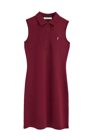 Kurzes ärmelloses Kleid granatrot mit Polokragen und Rigby Go Logo