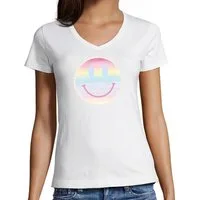 MyDesign24 T-Shirt Damen Print Shirt - Lächelnder pastellfarbenes Gesicht V-Ausschnitt Baumwollshirt mit Aufdruck Slim Fit i297
