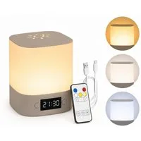 Fyrove Nachtlicht mit Uhr & Wecker, dimmbare Nachttischlampe mit Fernbedienung & Touch, 3 Lichtfarben, wiederaufladbare Stilllampe, Baby Nachtlicht, Stimmungslicht, 3 Lichtfarben, wiederaufladbare Stilllampe, Baby Nachtlicht, Stimmungslicht, Tischlam