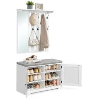 VASAGLE Schuhbank Wandgarderobe Set, Garderobe mit Spiegel, Doppeltüren, Sitzbank, 8 Doppelhaken, Schuhschrank, Sitzpolster abnehmbar, 81 cm breit