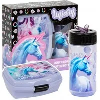 PartyPro Lunchbox Set aus Lunchbox und Trinkflasche Einhorn, perfekt für die Schule