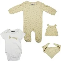 EplusM Strampler Funny Baby 4 tlg Set Body Strampler Lätzchen Mütze (Spar-Set, 4-tlg) Gr. 56 bis 74, 100% Baumwolle