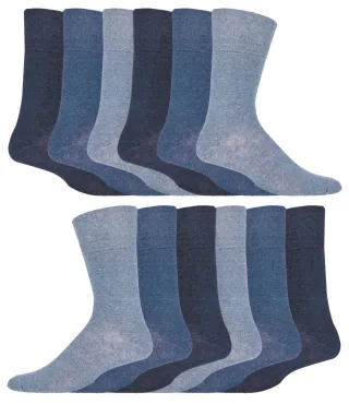 12 Paar Multipack Gentle Grip Top Diabetiker Socken | IOMI | Mid Calf Loose Top Non Elastic Cotton Socken mit Handlinked Seamless Toe - Blau