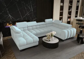 Wohnlandschaft Schlafsofa BASTIEN in Stoff Aragon Sky Ottomane Links
