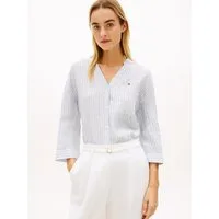 Tommy Hilfiger Shirtbluse ESS LINEN COLLARLESS SHIRT mit Logo-Stickerei