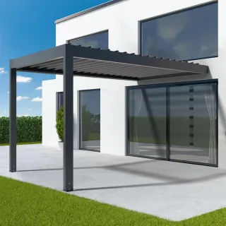 Pergola 3x4 m, elektrisch, mit Motor, Anbaupergola aus Aluminium, Anthrazitgrau RAL 7016, 3000x4000 mm