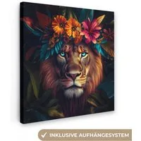 OneMillionCanvasses® Leinwandbild Löwe - Blumen - Blätter - Tier - Bunt, Fotodruck (1 St), Wandbild, Deko Schlafzimmer Wohnzimmer Flur 20x20 cm