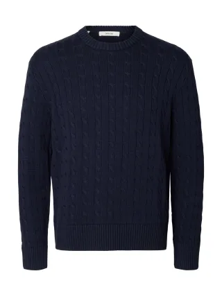 selected men - SLMBRAUN KNIT CABLE CREW NOOS Navy Blazer - Gr. - L