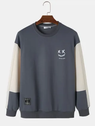 ChArmkpR Mens Smile Face Print Contrast Patchwork Pullover Sweatshirts
