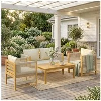 Outsunny Sitzgruppe mit 2er Sofa, 2 Sessel, Tisch, Seilflecht, Lamellendesign, Kissen, (Gartenlounge, 4-tlg., Gartenmöbel Set), für Garten Balkon Beige