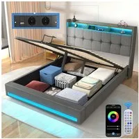 oyajia Polsterbett Doppelbett mit LED Licht,Hydraulisch anhebbarer Stauraumbett 140x200cm (Mit Lattenrost und Ladefunktion, Leinenmaterial Polsterbettt), Modernes Jugendbett, Leises Design Bett, Max. Belastbarkeit 350 kg