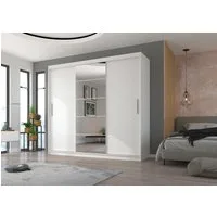 MOEBLO Schiebetürenschrank VALENTIS 235 (mit Spiegel und Schubladen – Kleiderschrank mit 3 Schiebetüren, Regalen und Kleiderstange – Moderner Garderobenschrank – Weiß / Kaschmir) (BxHxT): 235x215x59 cm