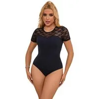 Lau-Fashion Body Damen Unterwäsche Schwarz Spitze & transparentem Rücken Kurzarm