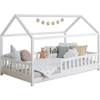 Ticaa Hausbett Kay mit Rausfallschutz aus Kiefer, Kinderbett 90x200, inkl. Dach, mit Rollrost